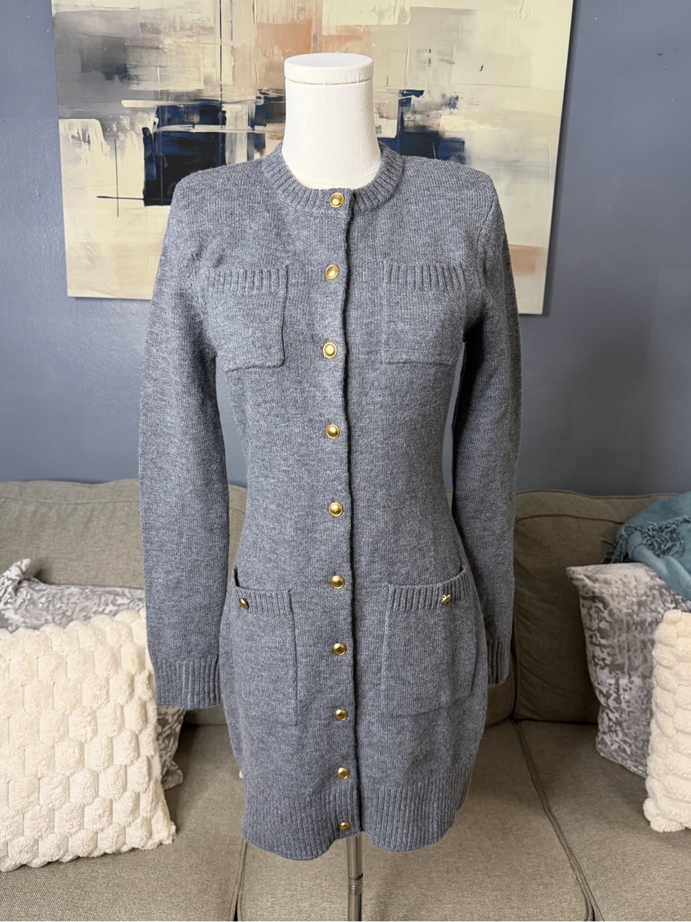 Zara gray gold button longline knit cardigan sweater dress size Small ❤️ - Picture 3 of 8